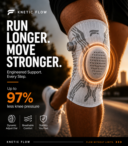 A person wearing a white Knetic Flow knee support sleeve with a glowing orange circular highlight over the knee area, shown outdoors at sunset. Large text on the left reads 'RUN LONGER.