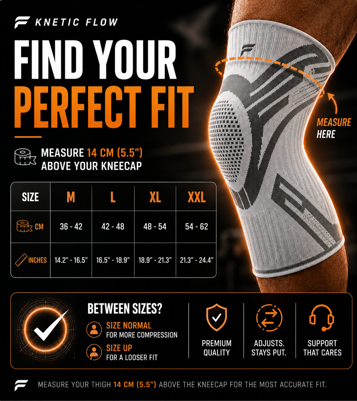 An informational fit chart for a Kinetic Flow knee compression sleeve. The graphic shows a close-up of a knee wearing the sleeve, with an orange measurement arrow indicating where to measure above the kneecap.