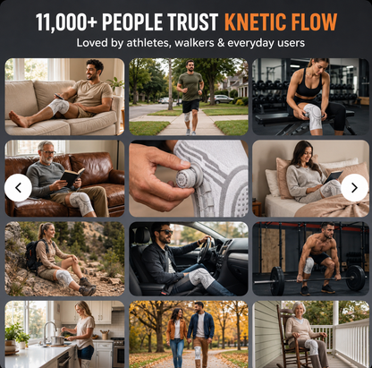 A promotional collage with the headline '11,000+ PEOPLE TRUST KINETIC FLOW' above multiple lifestyle photos showing people wearing and using a white and gray rolling exercise bandage. The collage includes scenes on a couch, walking outdoors, in a gym, reading, driving, and exercising.