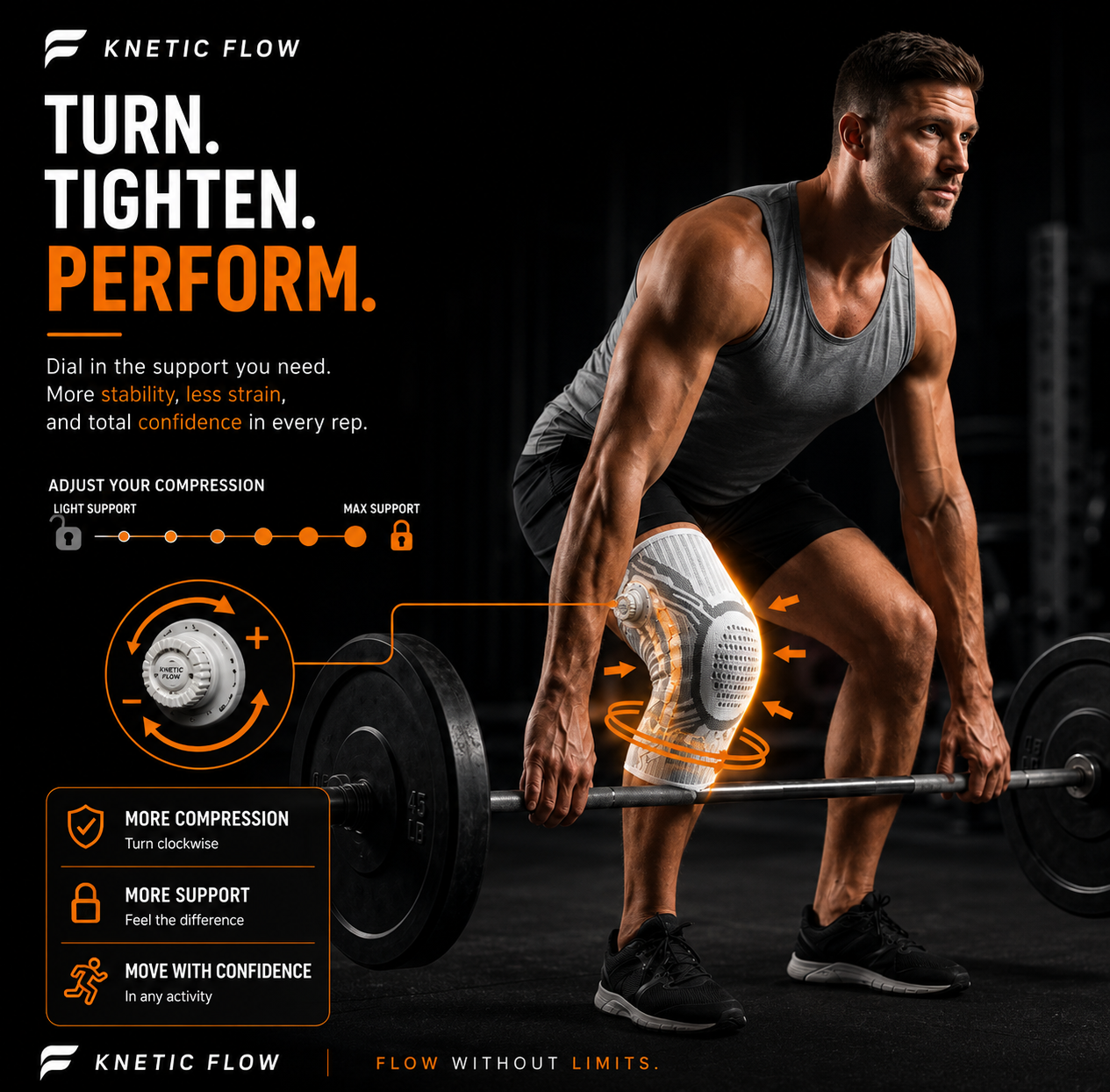 A muscular man in a gym lifts a barbell while wearing a Knetic Flow knee compression sleeve. The graphic includes product feature callouts, text reading 'TURN.