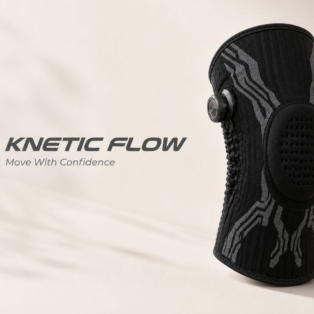 A black knee support brace with gray circuit-like patterns and a dial closure, shown on a light beige background with the text 'KINETIC FLOW' and 'Move With Confidence'.