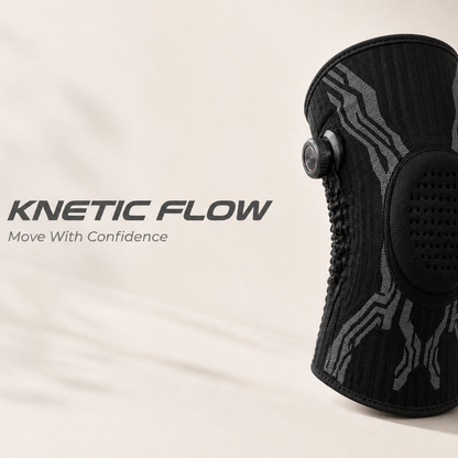 A black knee support brace with gray circuit-like patterns and a dial closure, shown on a light beige background with the text 'KINETIC FLOW' and 'Move With Confidence'.