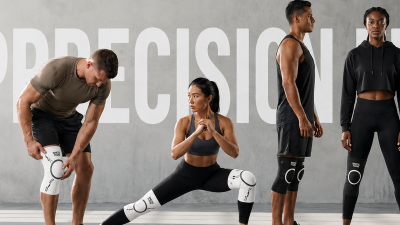 Four fitness models wearing white and black Precision Fit knee sleeves are posed in a gym setting against a gray concrete wall with large white text reading 'PRECISION FIT'.